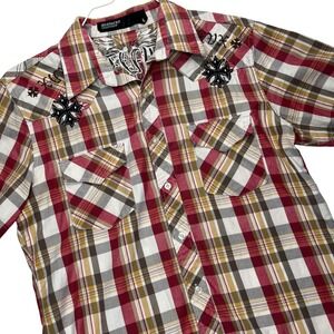 Monarchy Shirt Mens L Red Plaid Redivivus Embroidered Cross Gothic Cotton Short